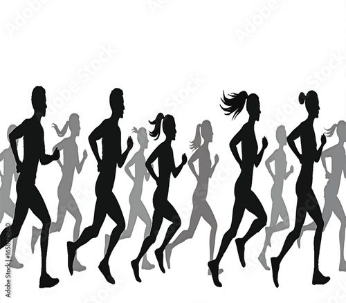 Marathon run. Group of running people, men and women. Isolated vector silhouettes white background.




