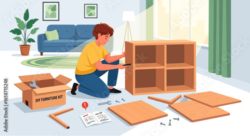 Young Man Assembling Flat Pack Furniture In His Apartment