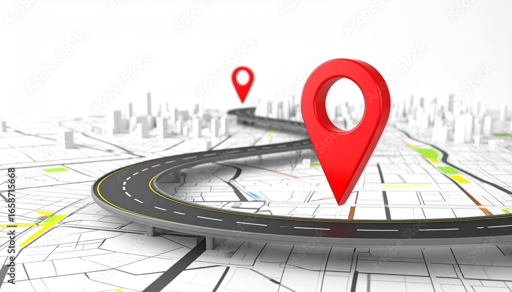Fototapeta premium Red GPS Pins Define a Journey on an Elevated Highway Over a Minimalist 3D City Map