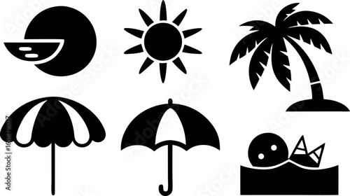 Vector art of set of black summer icons, perfect for vacation, beach, and tropical themes