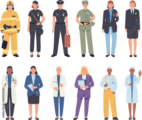 Diverse Professionals in Uniforms Representing Various Occupations Including Medical, Law Enforcement, Business, and Emergency Services in Flat Vector Style Illustration