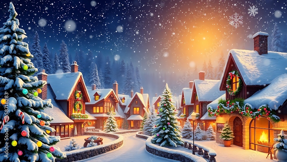Fototapeta premium warm glow in a snowy holiday village