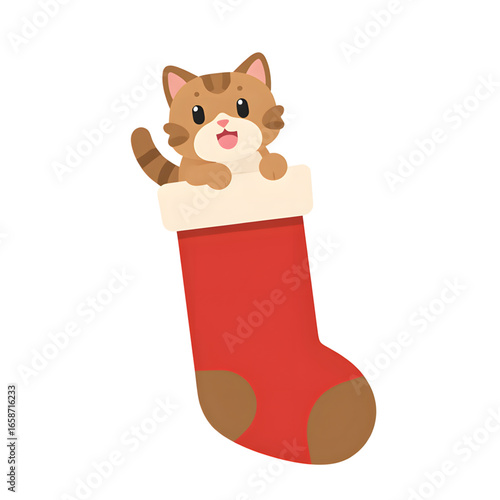 Cute cat peeking out of a red Christmas stocking  