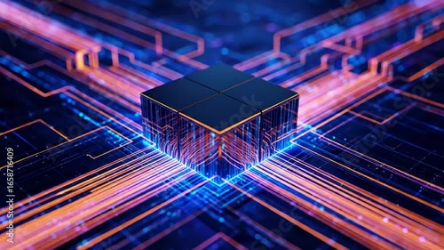 Futuristic Technology: Glowing Cube with Circuit Board Connections