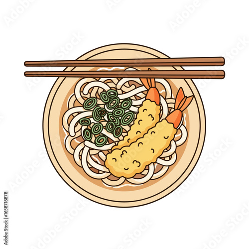 udon noodles tempura vector illustration, japanese food concept, delicious dish, flat design, top view