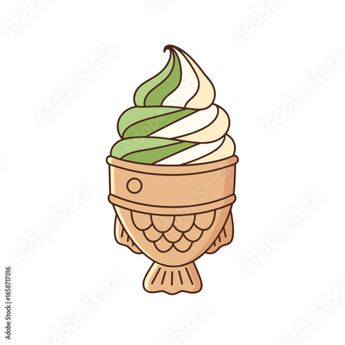 taiaki ice cream illustration vector. fish-shaped waffle cone sweet dessert. japanese food concept icon 