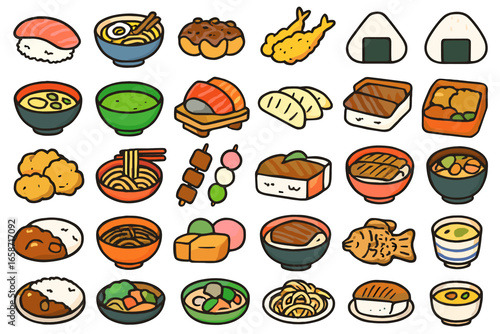 Japanese food vector icons illustration set, flat design, asian cuisine concept, colorful, isolated white background 
