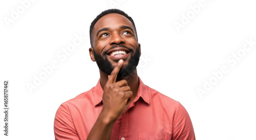 Smiling black man with beard thinking with finger on chin isolated on transparent background