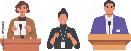 Vector illustration of diverse people speaking at podiums and presenting with microphone, representing leadership, communication, conference, public speaking, debate, politic