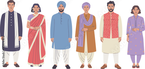 Vector illustration of Indian men and women wearing traditional cultural clothing including saree, kurta, sherwani, turban, ethnic dresses, and festive outfits standing together