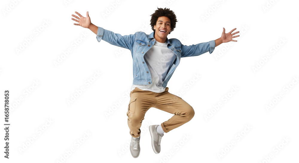 Fototapeta premium Joyful young man with arms outstretched in mid air isolated on transparent background