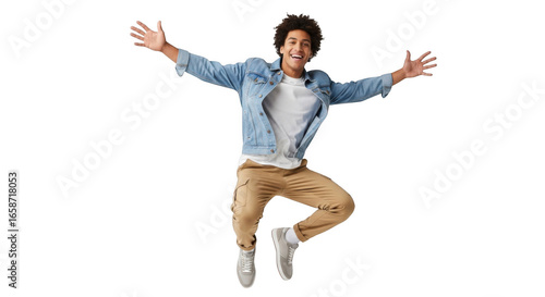 Joyful young man with arms outstretched in mid air isolated on transparent background