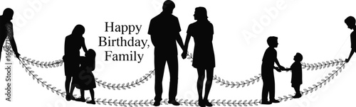 Silhouette family holding hands with decorative garland, Happy Birthday text, joyful parent and child celebration design for greeting cards and posters