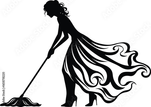 Silhouette of elegant woman in patterned dress and heels mopping floor, stylish vector illustration mixing glamour with household chore concept