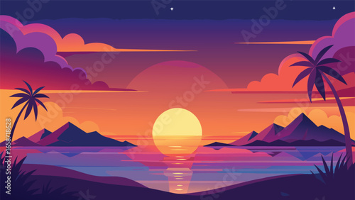 Vector art of pixel art sunset landscape with palm trees, mountains, and sea, perfect for retro game backgrounds