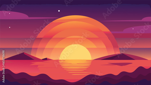 Vector art of pixel art sunset landscape with sea and mountains, perfect for retro game backgrounds and digital art