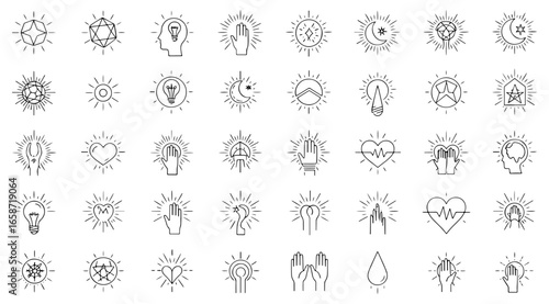 Vector art of collection of line art icons representing ideas, inspiration, and creativity