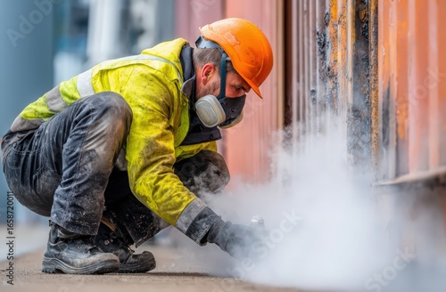 Protective Measures: A worker in safety gear, concentrating on his task while employing protective gear, and navigating potentially hazardous conditions.