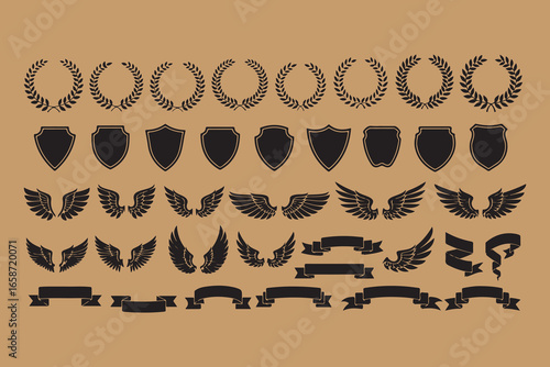 Collection of heraldic emblems including laurel wreaths shields and wings