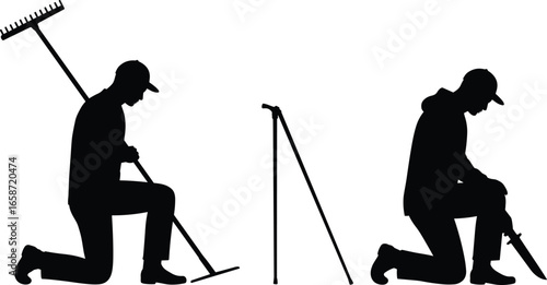 Silhouettes of people kneeling with rake and shovel, vector illustration depicting gardening, landscaping, outdoor work, and agricultural maintenance activities