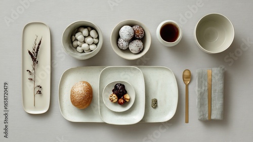 Fototapeta Naklejka Na Ścianę i Meble -  Minimalist Scandinavian food photography neutral colors elegant tableware