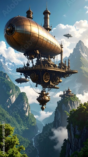 A majestic steampunk floating city powered by brass gears and steam, suspended in the sky with intricate pipes and towers—an atmospheric retro-futuristic vision blending fantasy, metal, and clouds.