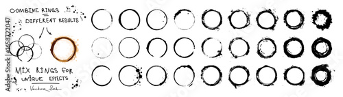 Grunge circles or round marks after a mug of coffee, tea. Vector drawn rounded shapes that can be combined, a large set of coffee stamps. Ink circles, creative set. Vector isolated graphic сollection