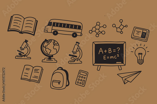 Collection of hand drawn school and education icons on a brown background