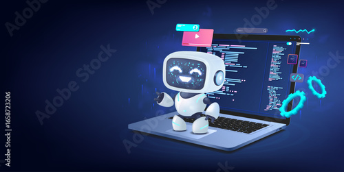 Smart 3D AI assistant coding on laptop in a futuristic digital scene. Сute 3D robot standing on keyboard with programming code, UI icons, and gears. Vector illustration of coding and cute AI assistant