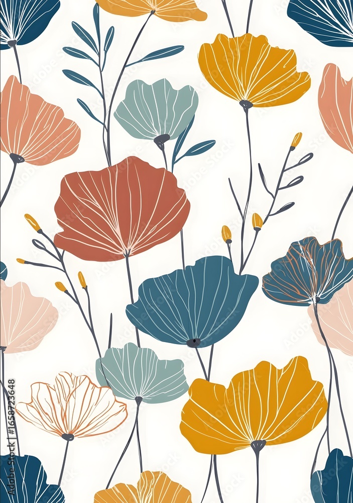 Obraz premium An illustration of stylized flowers and leaves in muted terracotta navy blue mustard yellow teal green orange pink and offwhite on a white background in the st.