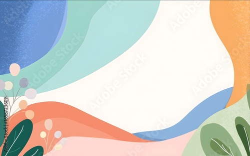 A cute simple cartoon background with pastel colors featuring soft shapes and a blank space for text or design elements The composition includes a white centra.
