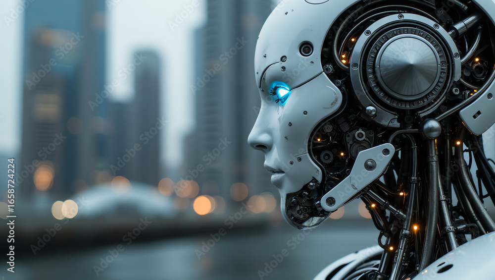 Fototapeta premium Cinematic close-up of an advanced android robot with glowing blue eyes, intricate metal circuits, and photorealistic details against a futuristic cityscape, rendered in 8K with dramatic lighting.