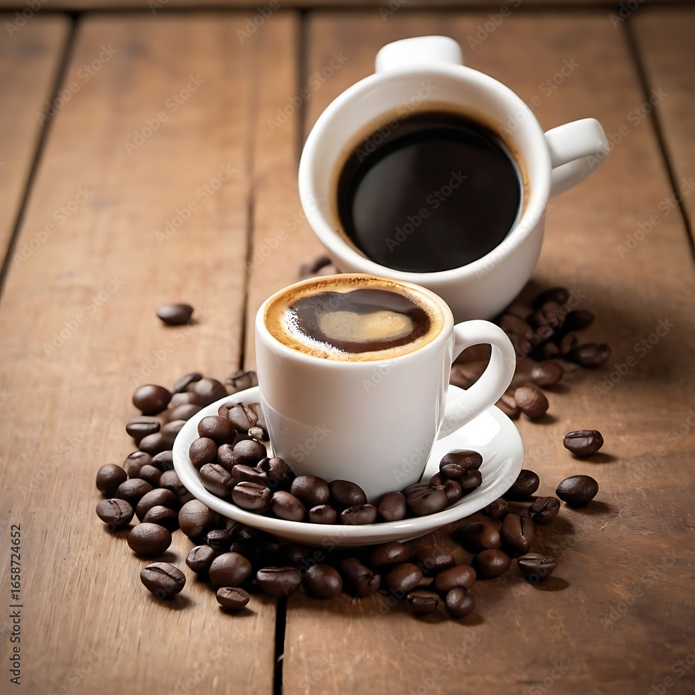 Fototapeta premium Espresso Coffee Cup with Beans on a wooden Table.