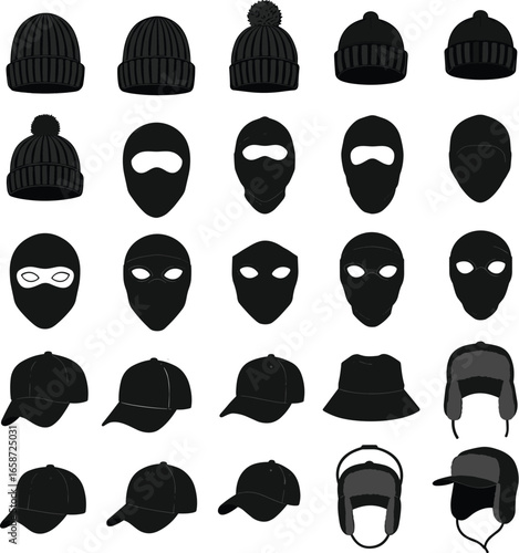 Assorted Headwear Collection Vector Illustration, Different Kinds of Hats, Beanie, Balaclava, Baseball Cap, Bucket Hat, Winter Headwear, Fashion Accessories.