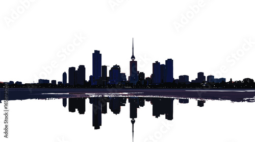 Toronto city skyline silhouette vector illustration with a reflection in the water, a moody sunset scene of the urban metropolis with iconic landmarks, flat vector art.
