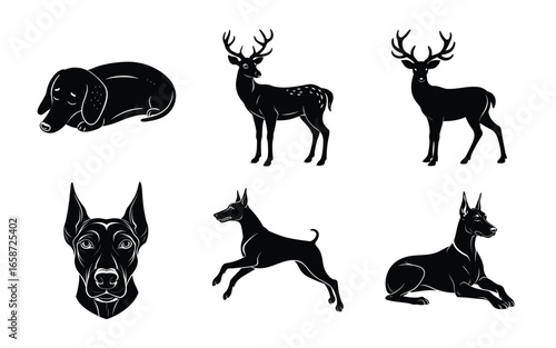 Animal Silhouettes Collection Dogs and Deer in Black and White silhouette