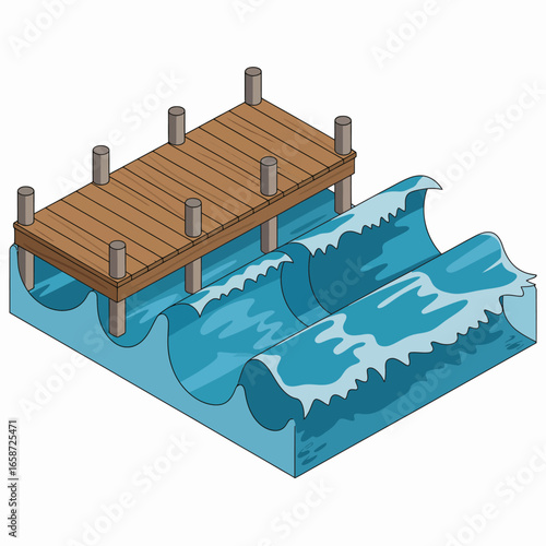 Cartoon Style Wooden Pier Over Calm Blue Waves Illustration Concept for Peaceful Vacation and Relaxation Destination