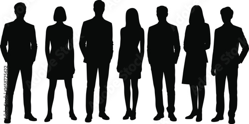 Business team silhouettes, corporate professionals, office group illustration, teamwork concept, leadership, diversity in workplace, professional men and women, corporate unity