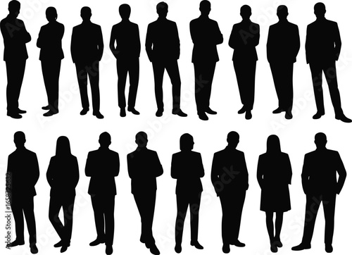 Business team silhouettes, standing professionals, corporate people, office workers, teamwork unity, group illustration, leadership concept, company success, workplace diversity, collaboration