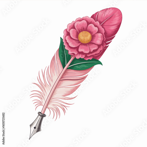 Elegant Quill Pen with Pink Feather and Flower Decoration Creative Illustration for Writing and Artistic Concepts Design