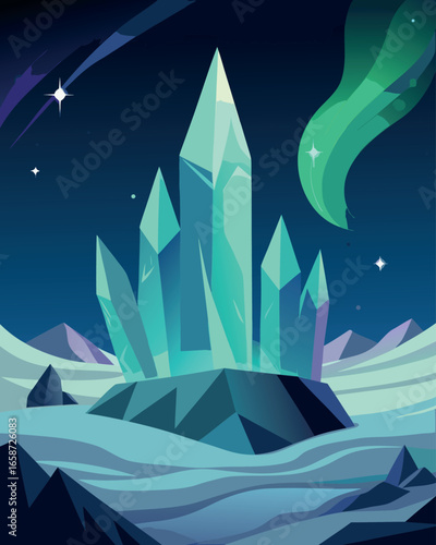 Vector illustration of a fantastic landscape with mountains and crystals. Cartoon style.
