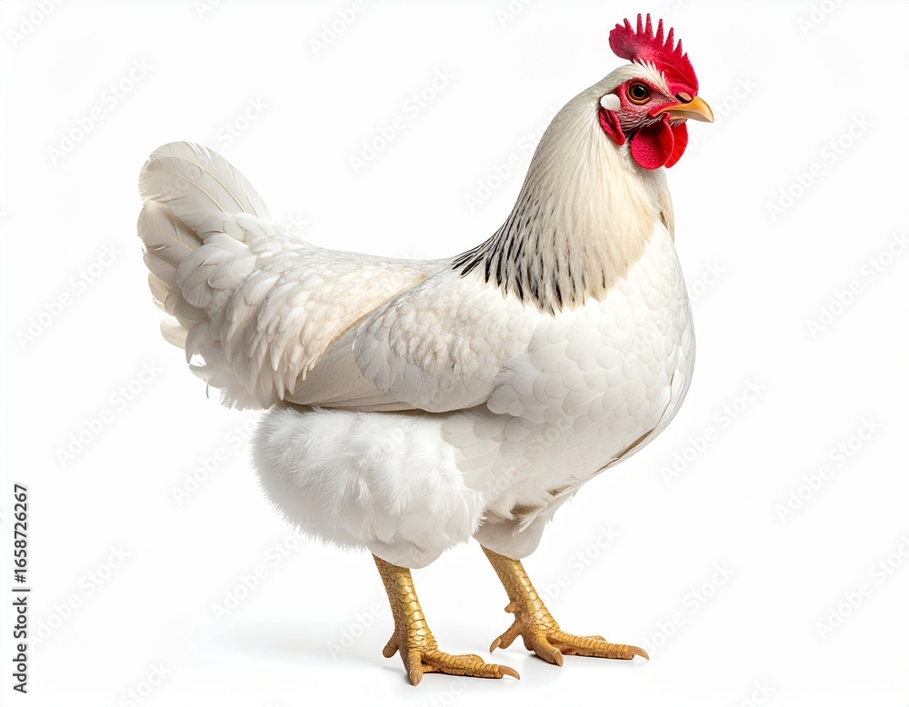 Fototapeta premium Poultry Portrait: A striking profile of a pristine chicken reveals its vibrant comb, clean feathers, and proud stance. A timeless portrayal of rural life, agriculture, and natural beauty.