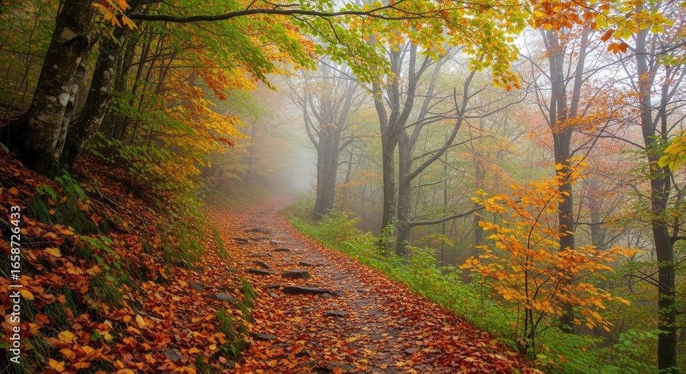 Obraz premium Misty Autumn Forest Path Covered in Vibrant Fallen Leaves, Tranquil Fall Landscape with Bare Trees
