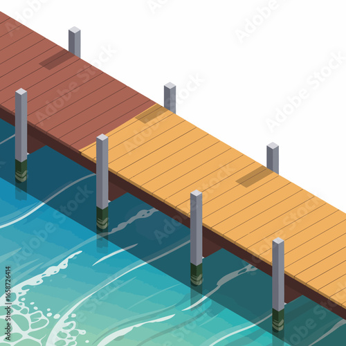 Isometric Pier on the Ocean with Teal Water and White Background Peaceful Serene Coastal Illustration Nautical Theme Vacation Destination Tranquil Scene