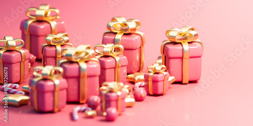 3D pink Christmas gifts with golden ribbons