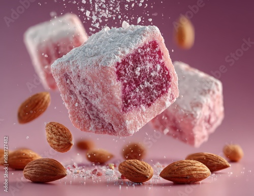 Floating Delight: A visually striking composition of Turkish Delight, delicately dusted with powdered sugar, suspended in mid-air alongside scattered almonds.