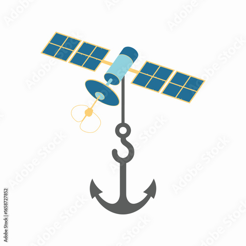 Satellite and anchor humorous concept of being grounded or blocked from orbit cartoon illustration on a white background