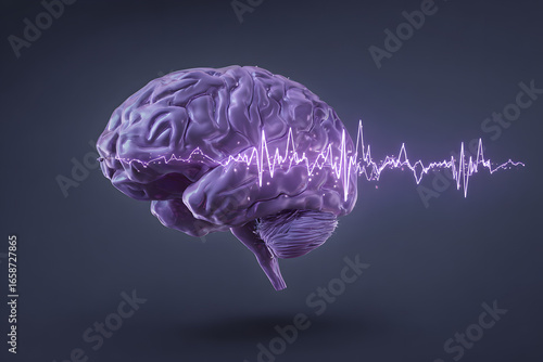 Epilepsy awareness concept. Brain and encephalography in epilepsy patient during seizure attack, 3D illustration in purple color