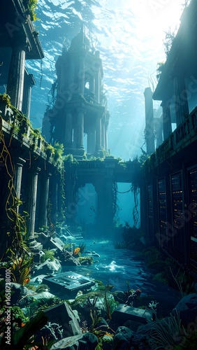 A drowned capital where broken statues and data servers rest beneath the ocean, tangled in glowing vines, patrolled by biomechanical squids—haunting vision of a lost digital empire.