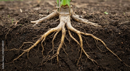 Plant roots spreading through dark soil